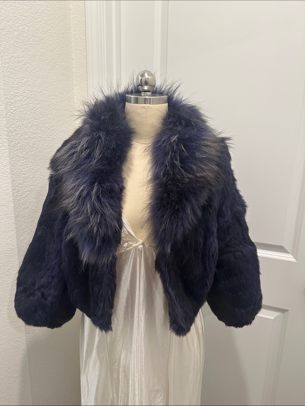 Plush Navy Fur Cropped Jacket rabbit blue